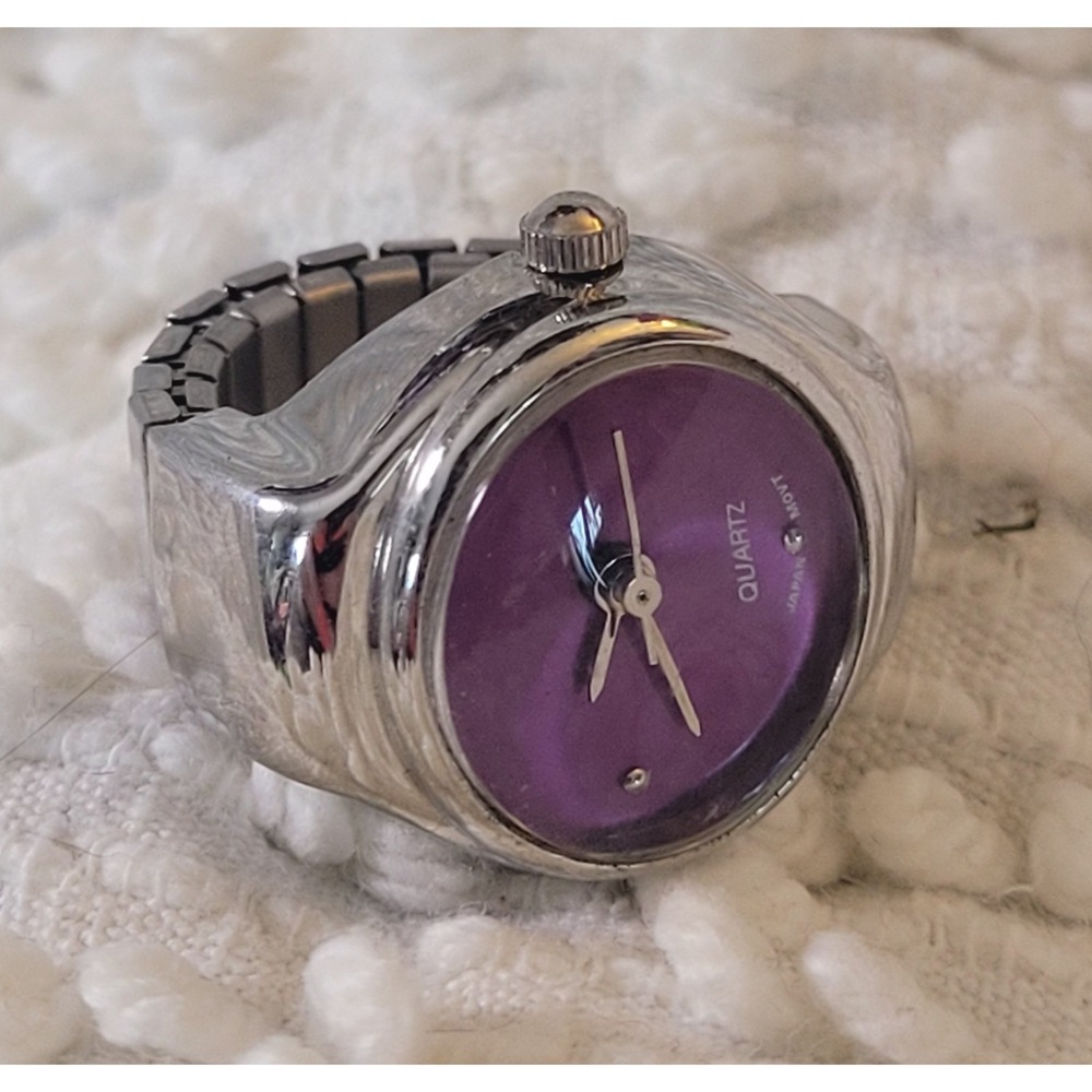 Vintage 90s Y2K Adjustable 7 To 11 Watch Ring Purple Silver READ Funky Cute